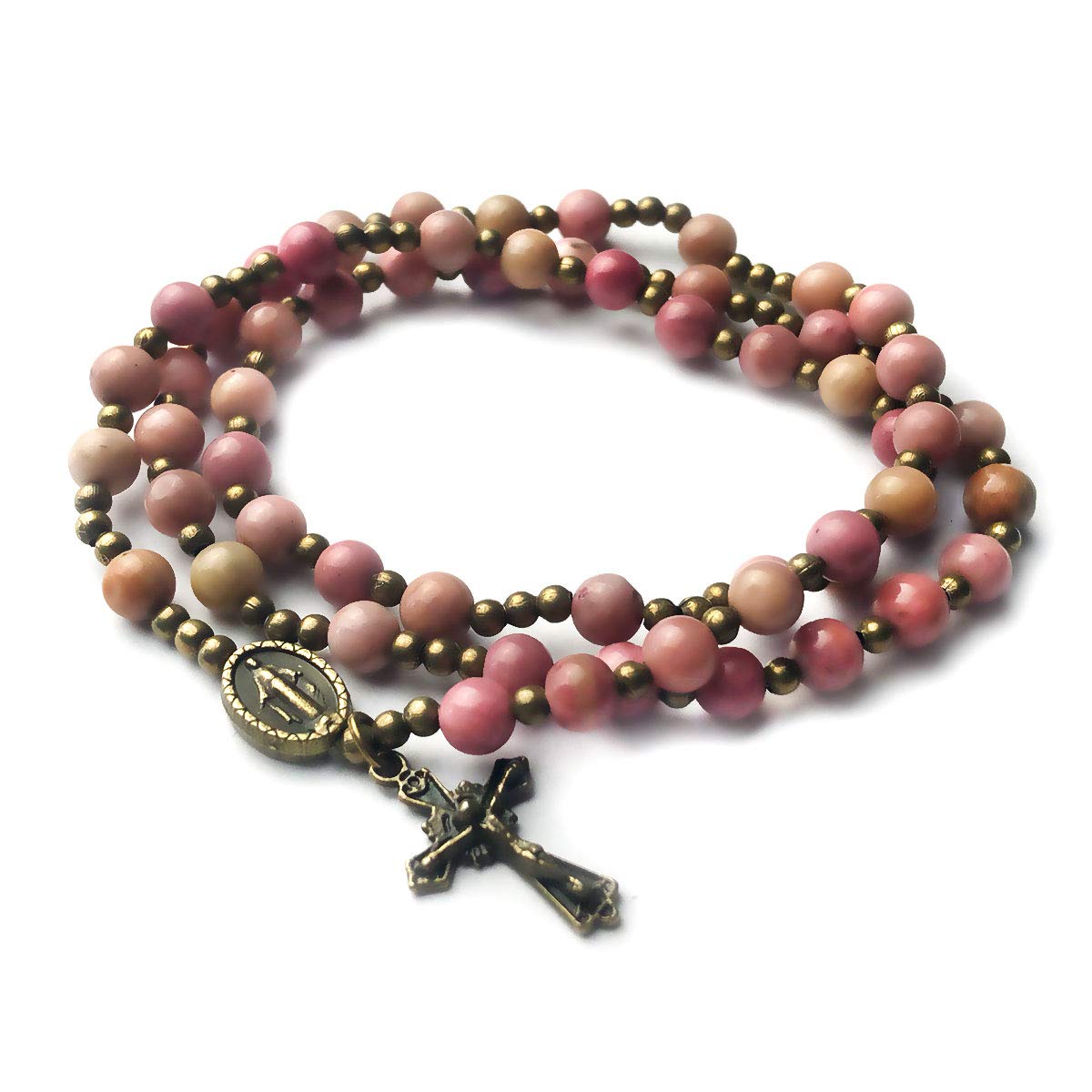 Pink Rhodonite Stone Rosary Bracelet with Our Lady of Graces Medal