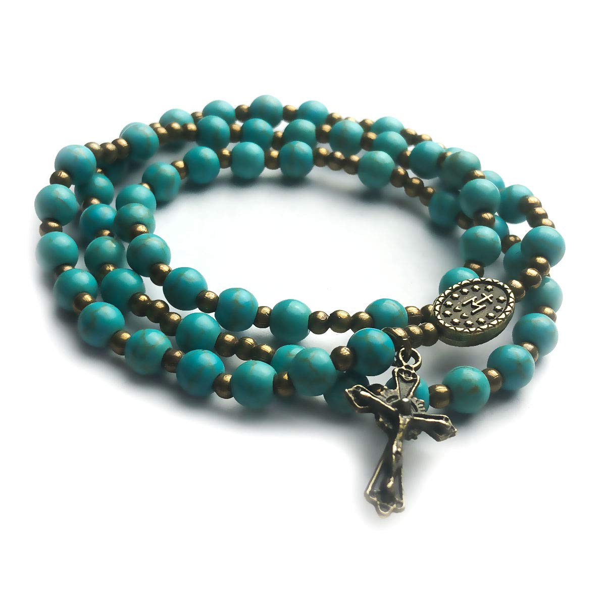 Turquoise Stone Rosary Bracelet with Miraculous Medal Charm