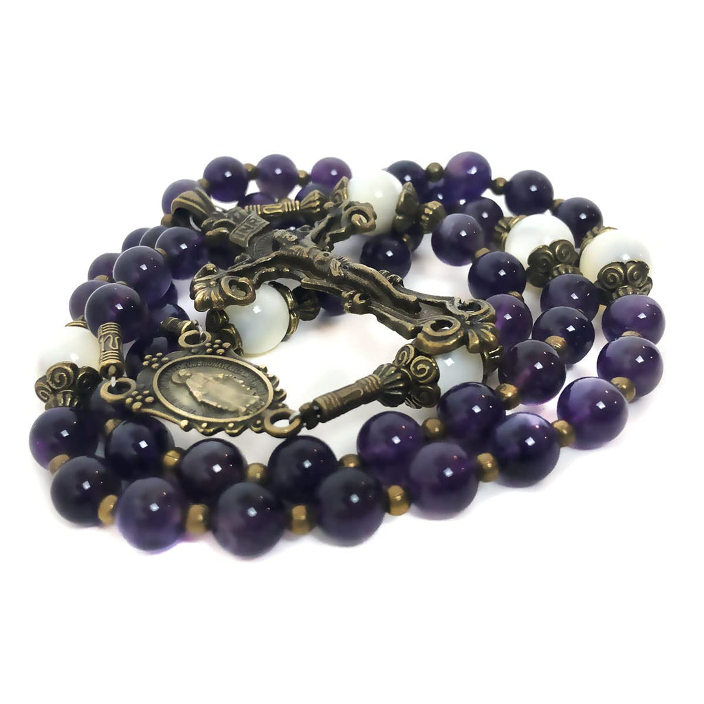 Amethyst and Mother of Pearl Stone Rosary with Our Lady of Graces Medal