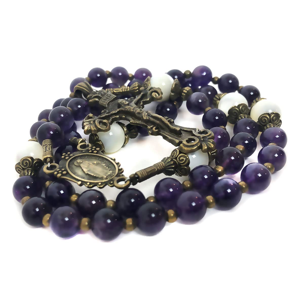 Amethyst and Mother of Pearl Stone Rosary with Our Lady of Graces Medal
