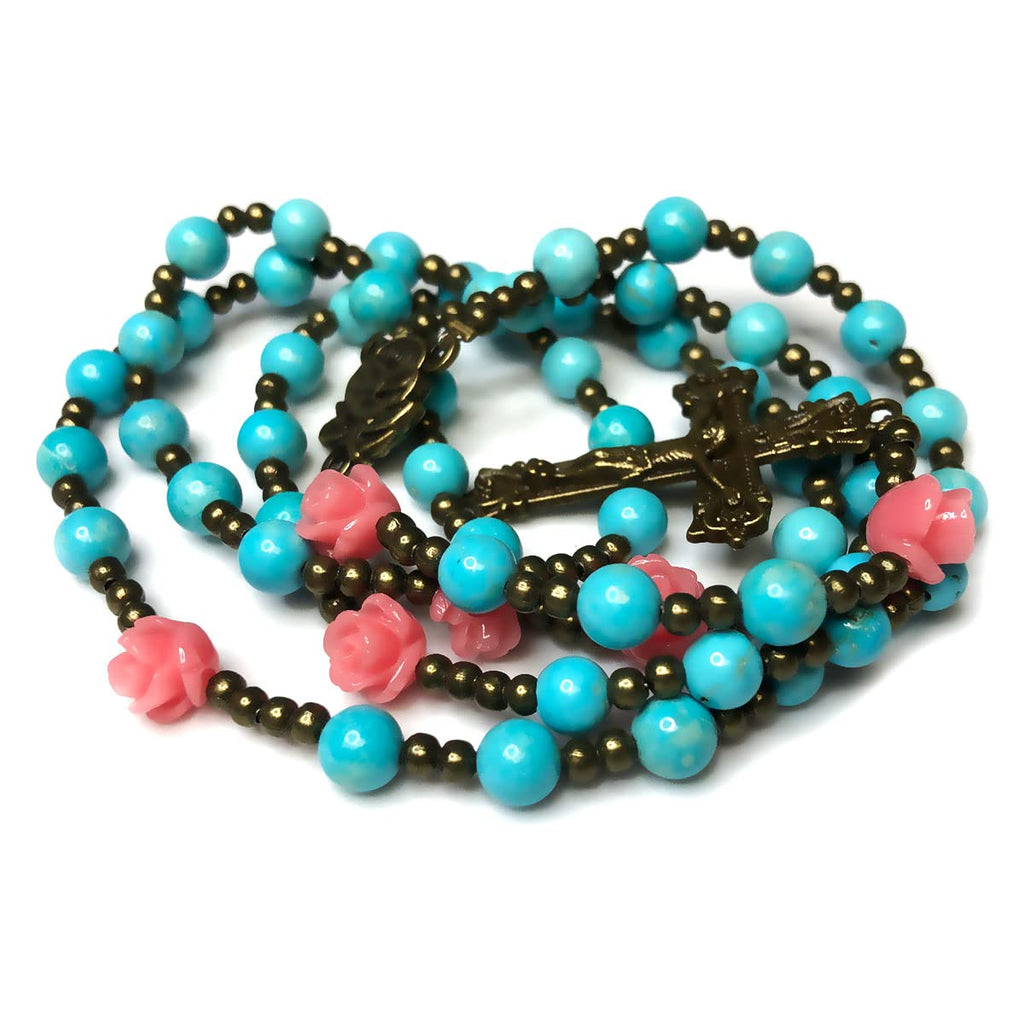 Our Lady of Lourdes Turquoise Stone and Pink Rose Rosary