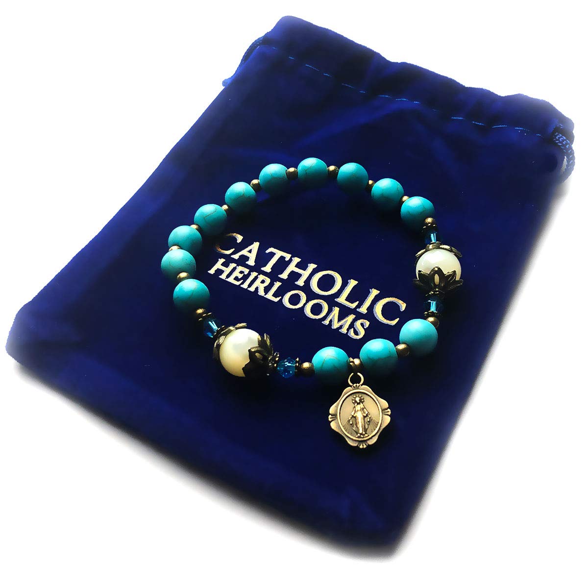 Turquoise and Mother of Pearl Stone Rosary Bracelet with Our Lady of Graces Medal