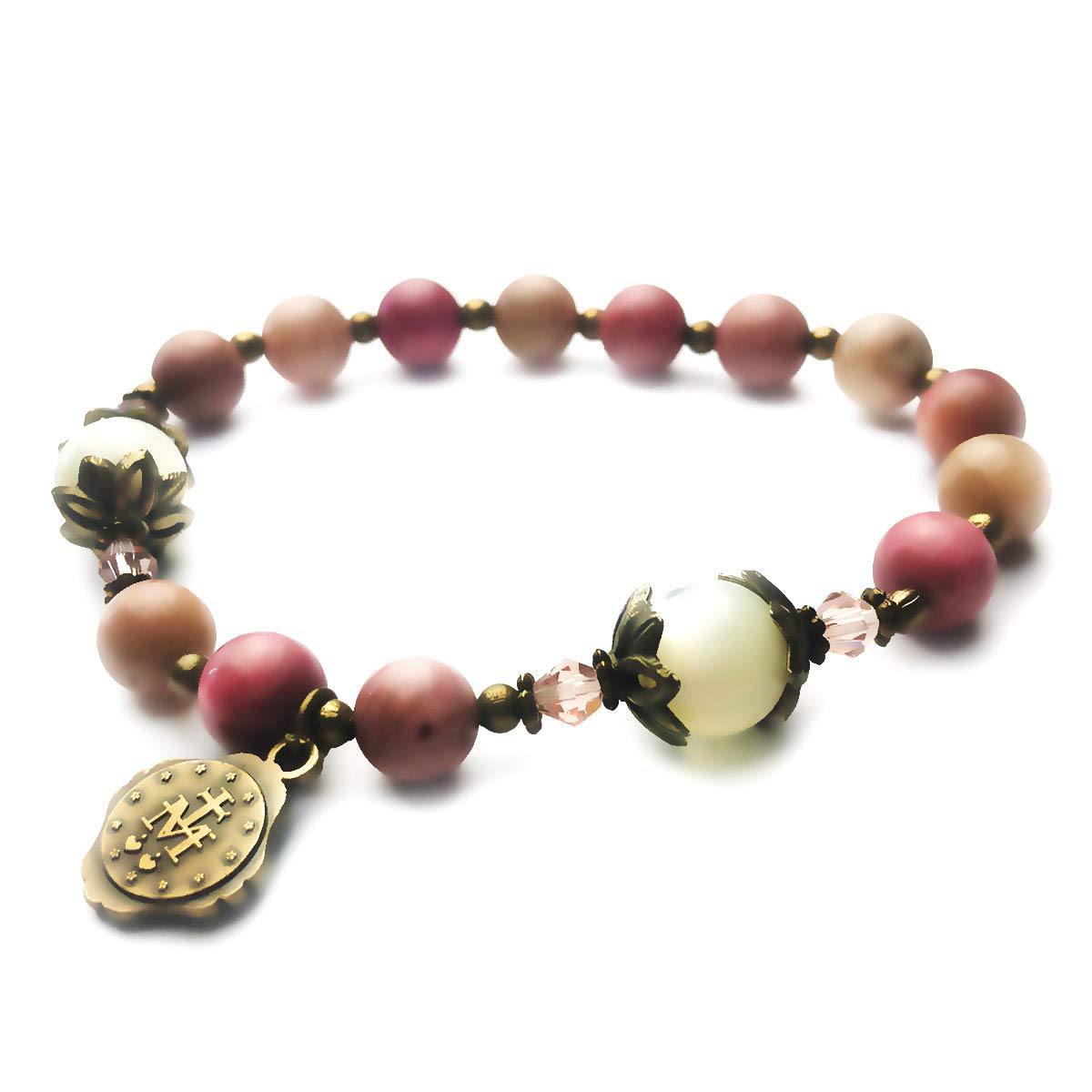 Pink Rhodonite and Mother of Pearl Stone Rosary Bracelet with Our Lady of Graces Medal