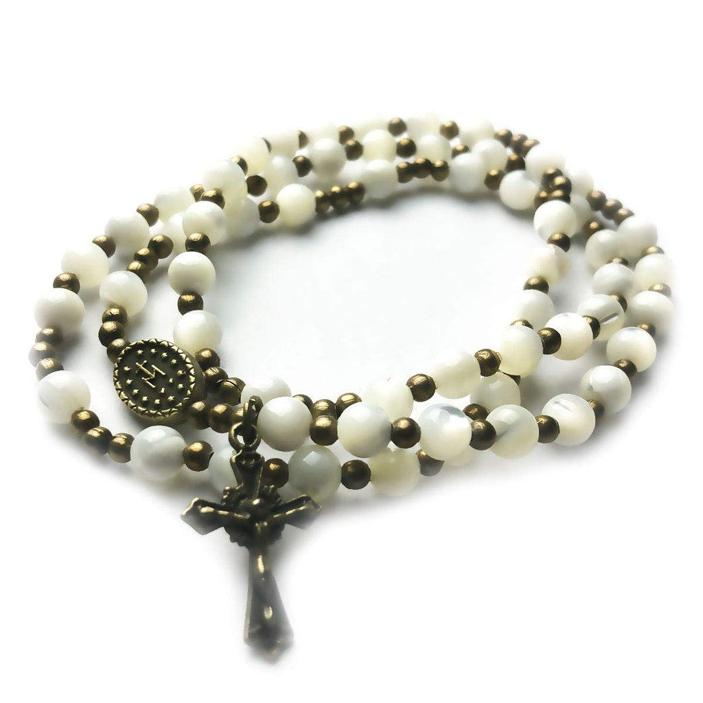Mother of Pearl Stone Rosary Bracelet with Virgin Mary Our Lady of Graces Medal Charm