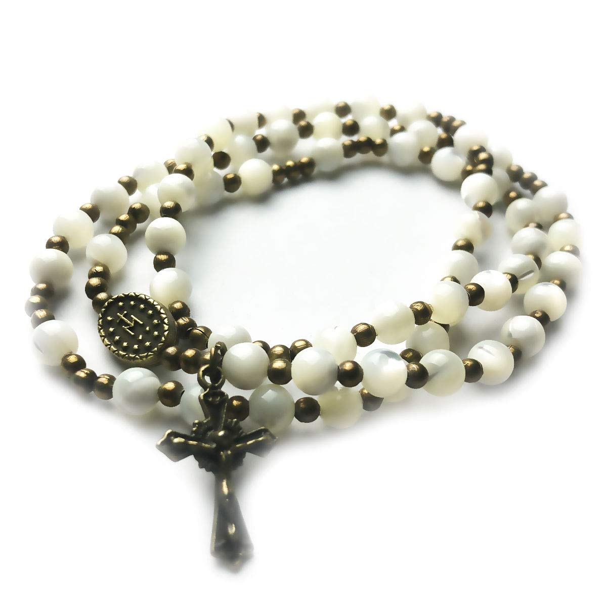 Mother of Pearl Stone Rosary Bracelet with Virgin Mary Our Lady of Graces Medal Charm
