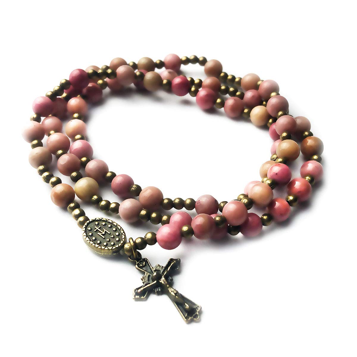 Pink Rhodonite Stone Rosary Bracelet with Our Lady of Graces Medal