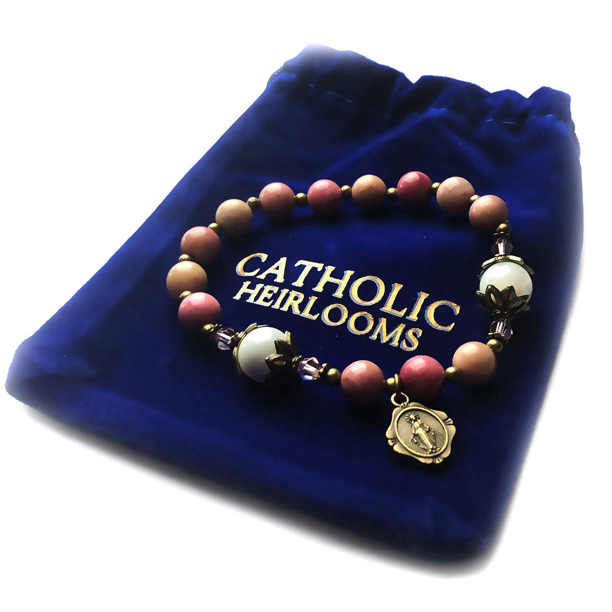 Pink Rhodonite and Mother of Pearl Stone Rosary Bracelet with Our Lady of Graces Medal