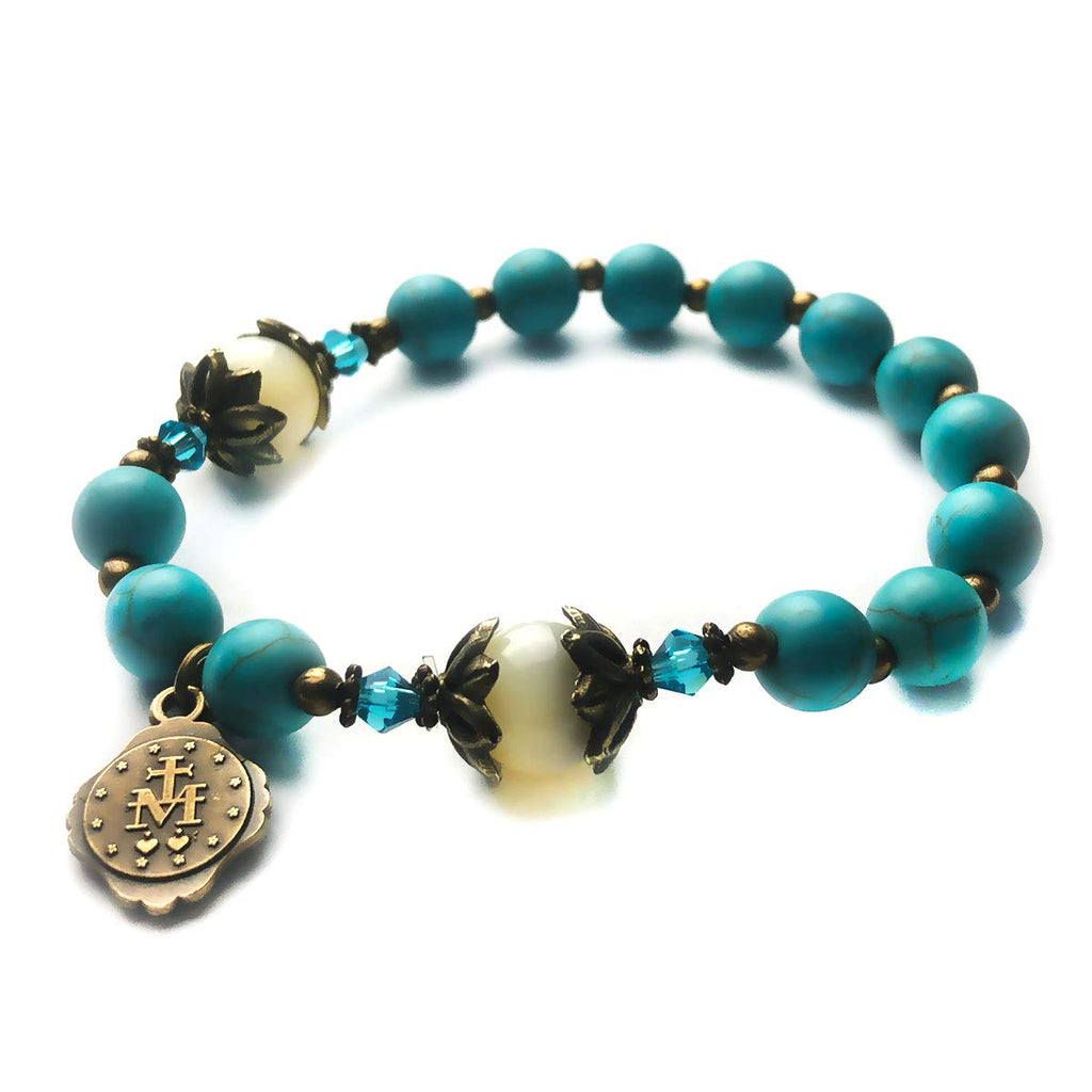 Turquoise and Mother of Pearl Stone Rosary Bracelet with Our Lady of Graces Medal