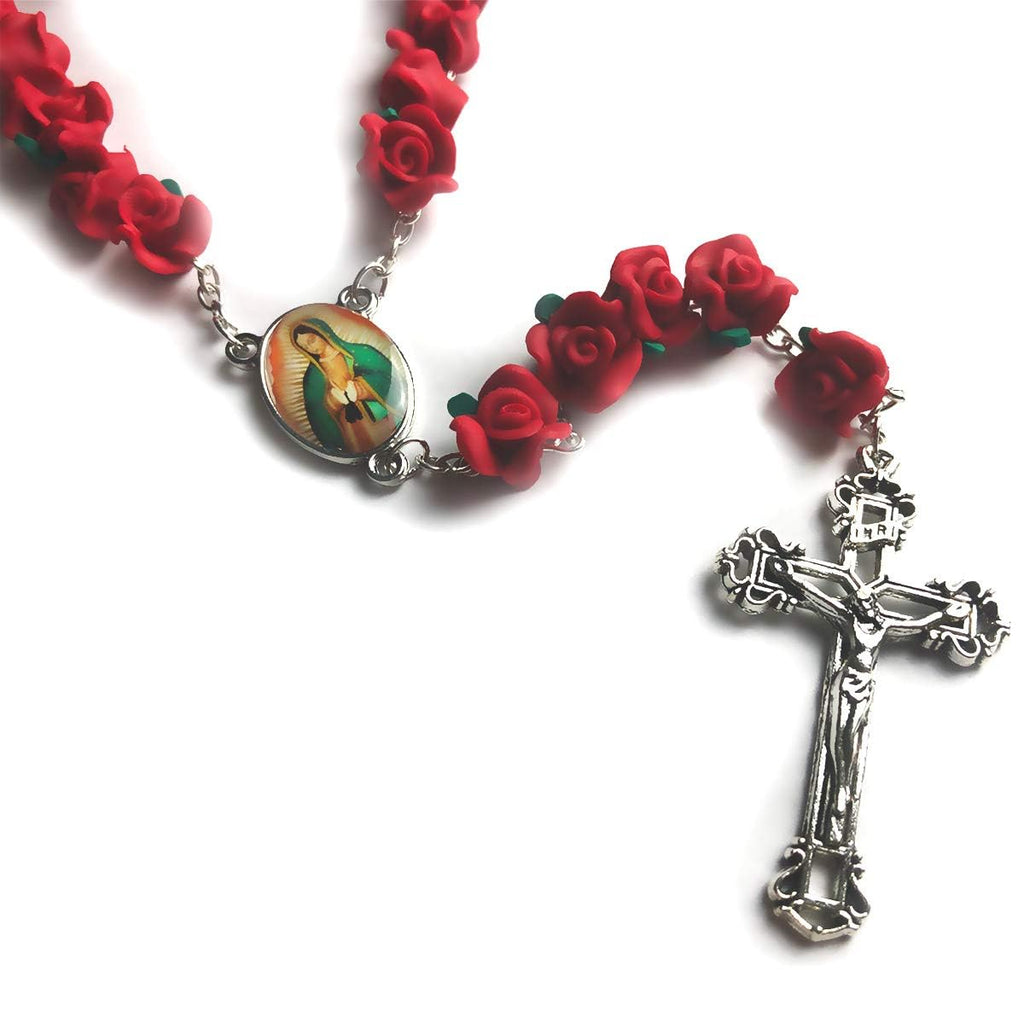 Our Lady of Guadalupe Red Rose Garden Rosary - Antique Silver Crucifix