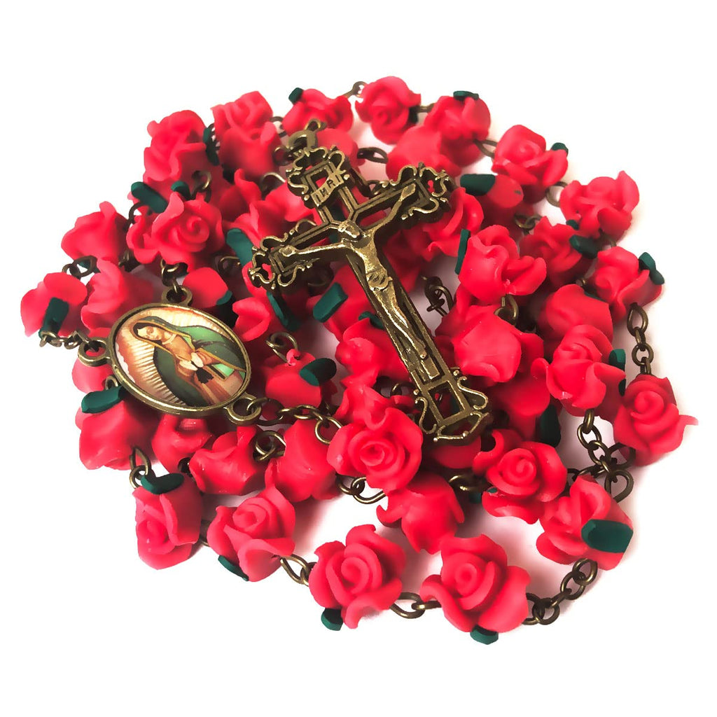 Our Lady of Guadalupe Red Rose Garden Rosary - Antique Bronze Crucifix