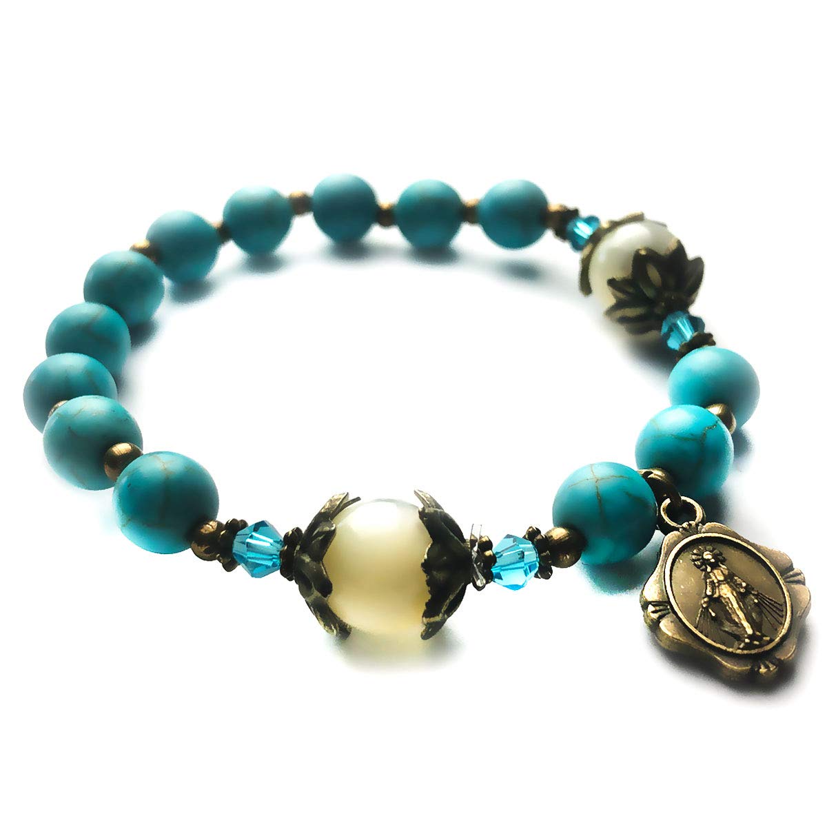 Turquoise and Mother of Pearl Stone Rosary Bracelet with Our Lady of Graces Medal