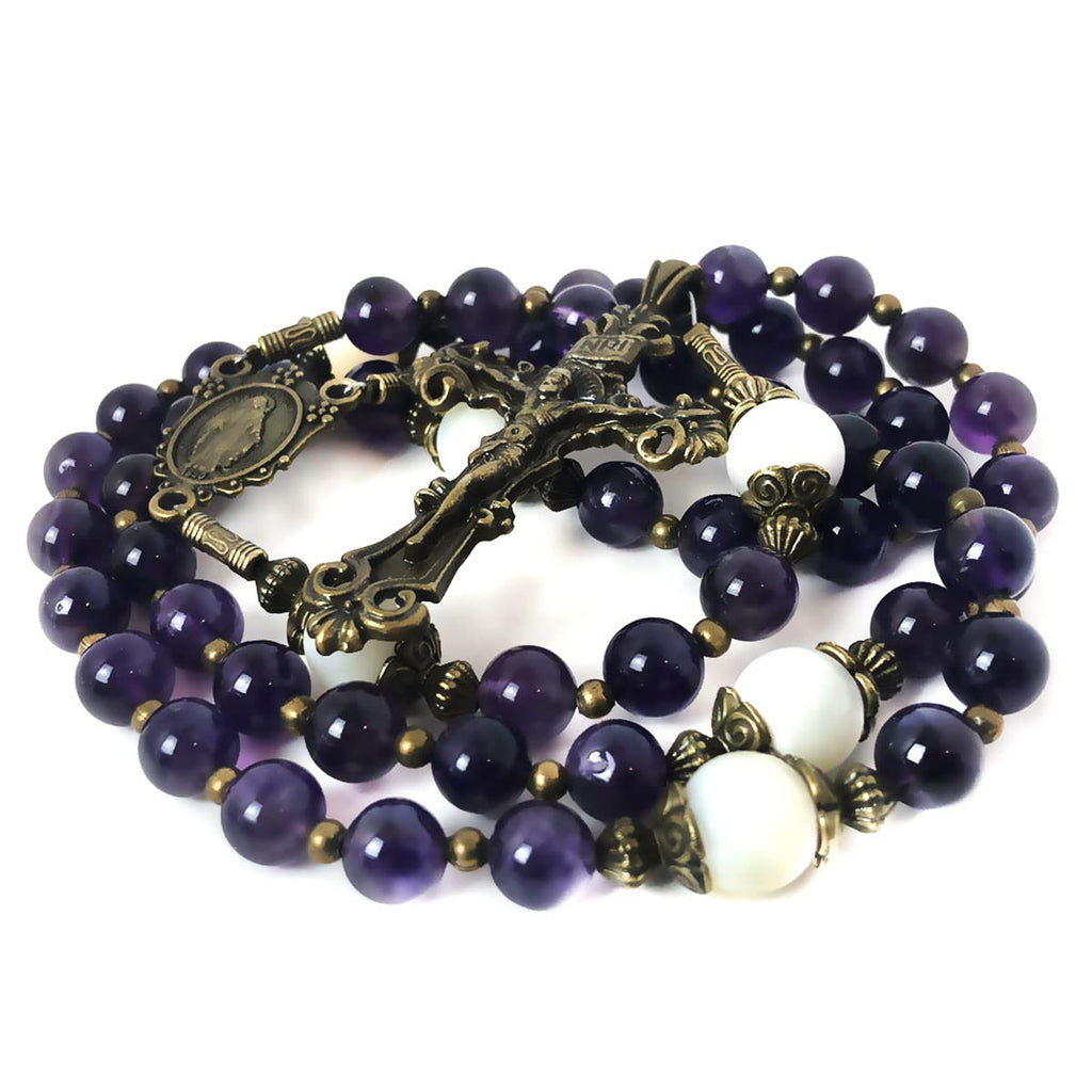 Amethyst and Mother of Pearl Stone Rosary with Our Lady of Graces Medal