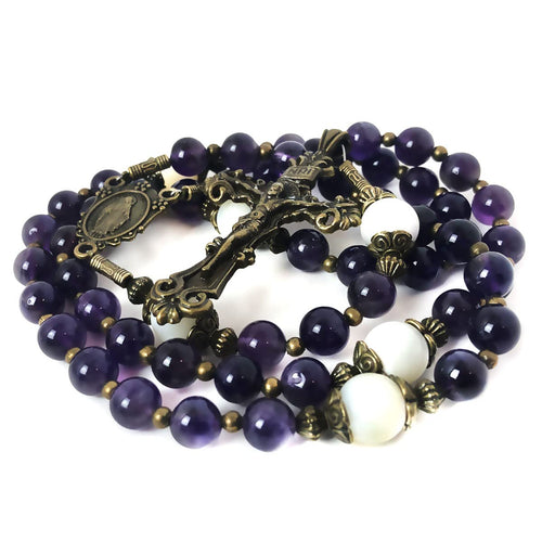 Amethyst and Mother of Pearl Stone Rosary with Our Lady of Graces Medal