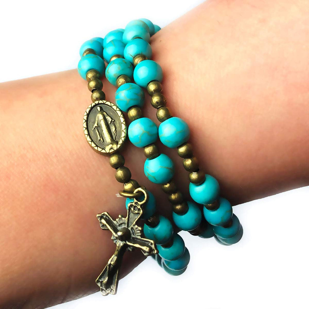 Turquoise Stone Rosary Bracelet with Miraculous Medal Charm