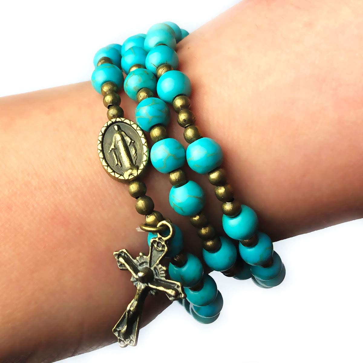Turquoise Stone Rosary Bracelet with Miraculous Medal Charm