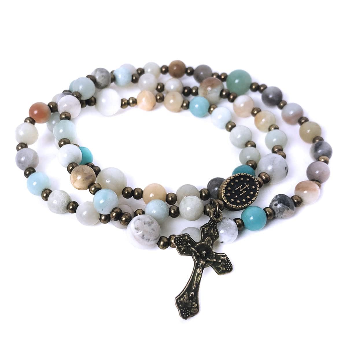 Amazonite Stone Twistable 5 Decade Rosary Bracelet with Our Lady of Graces Medal