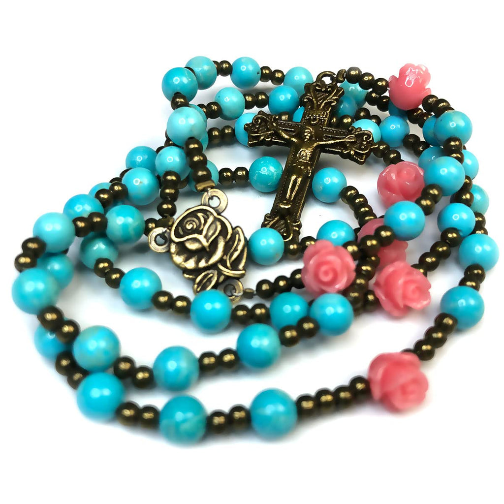 Our Lady of Lourdes Turquoise Stone and Pink Rose Rosary