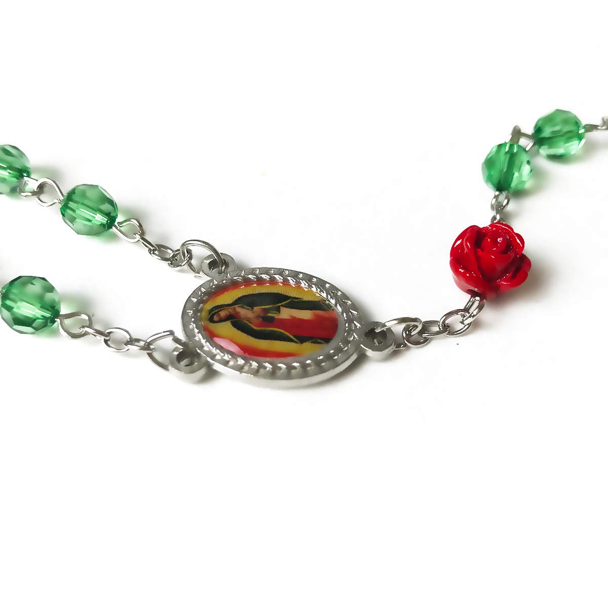 Our Lady of Guadalupe Emerald Green Crystal and Red Rose Rosary