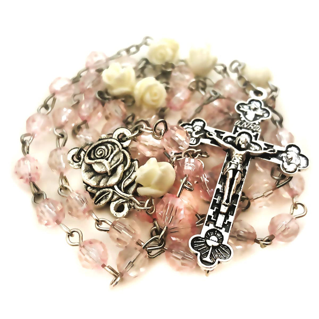 Lourdes Blush Pink Crystal Cut Cream Rose Rosary