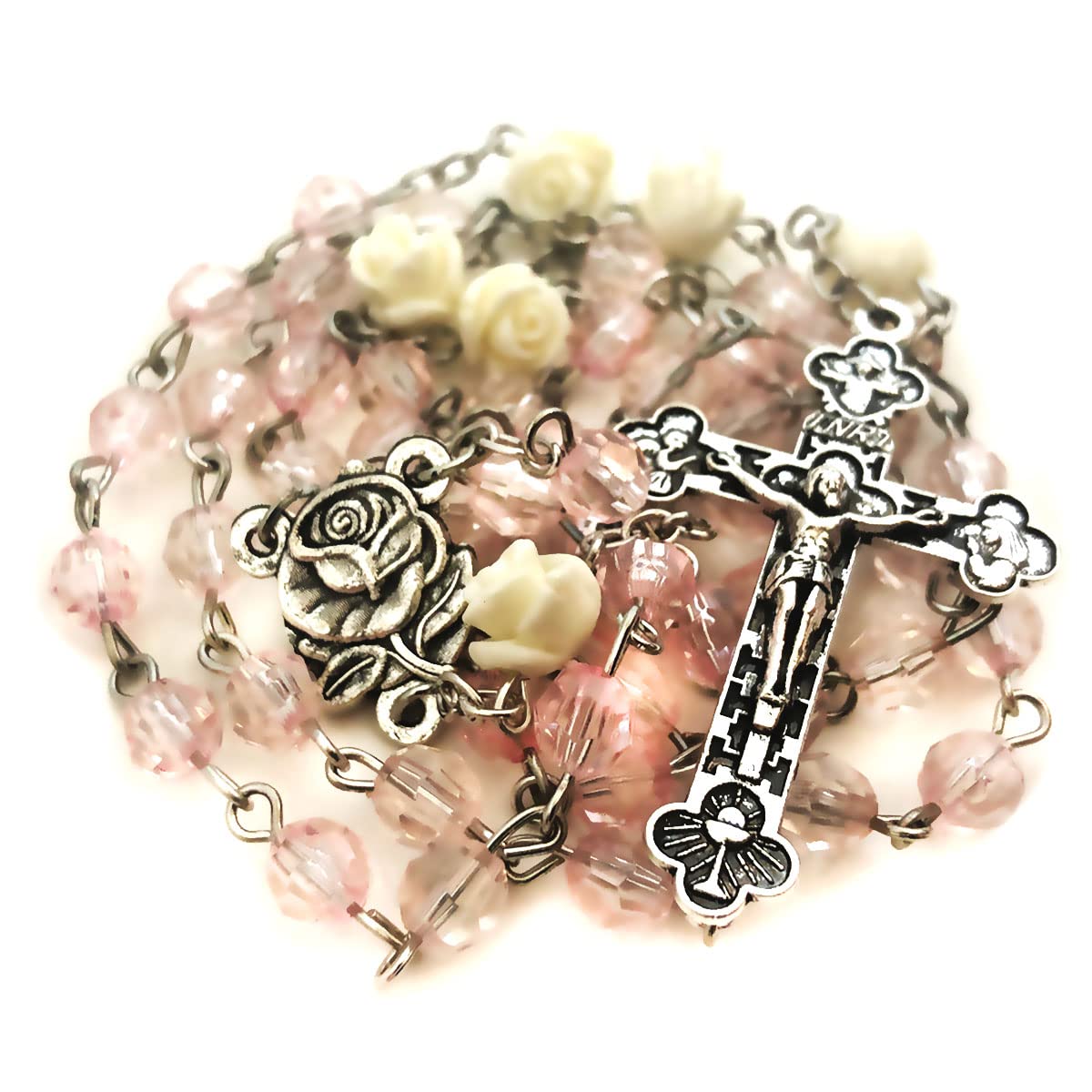 Lourdes Blush Pink Crystal Cut Cream Rose Rosary