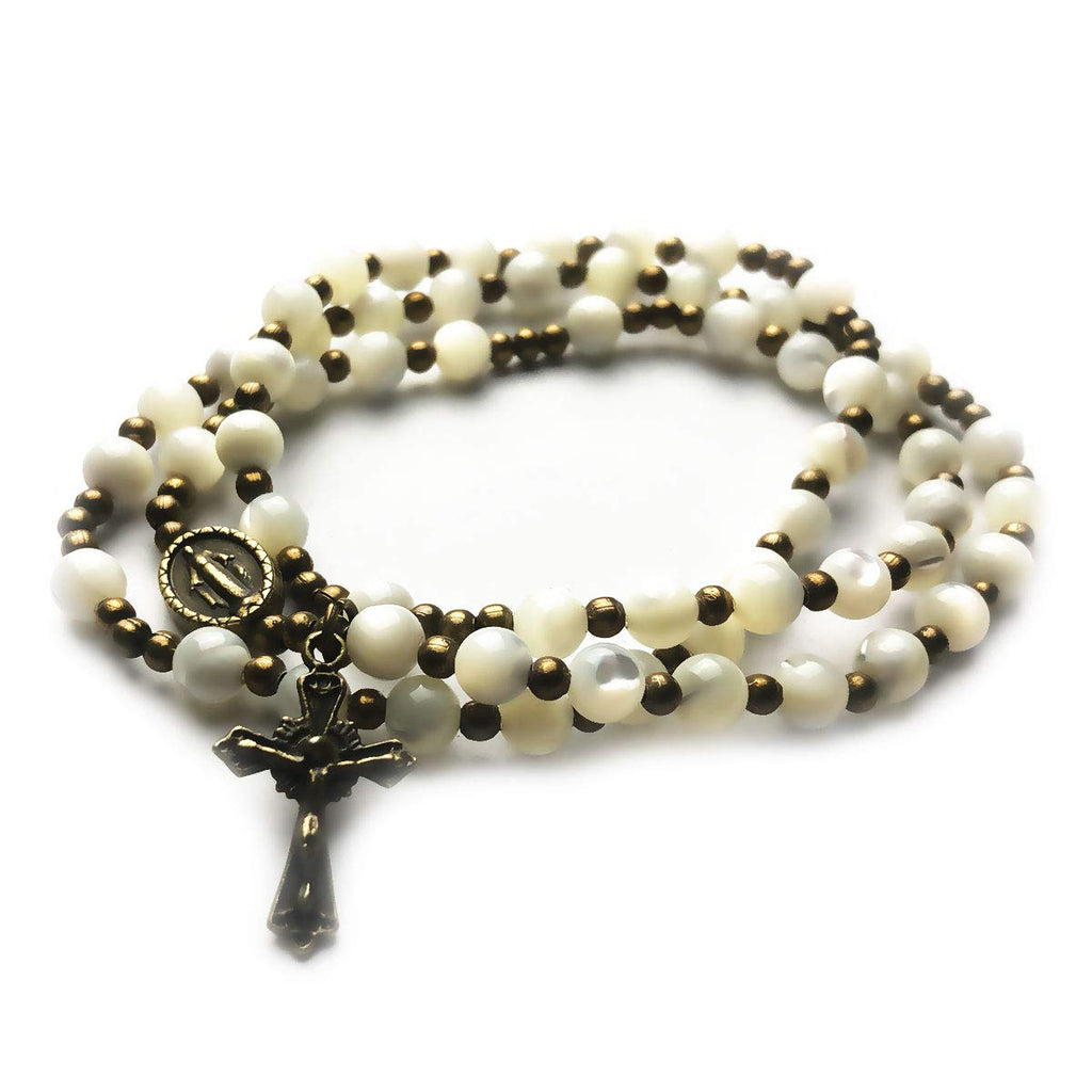 Mother of Pearl Stone Rosary Bracelet with Virgin Mary Our Lady of Graces Medal Charm