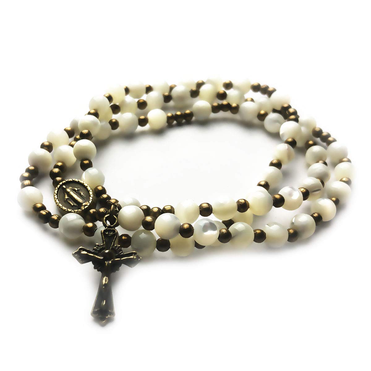 Mother of Pearl Stone Rosary Bracelet with Virgin Mary Our Lady of Graces Medal Charm