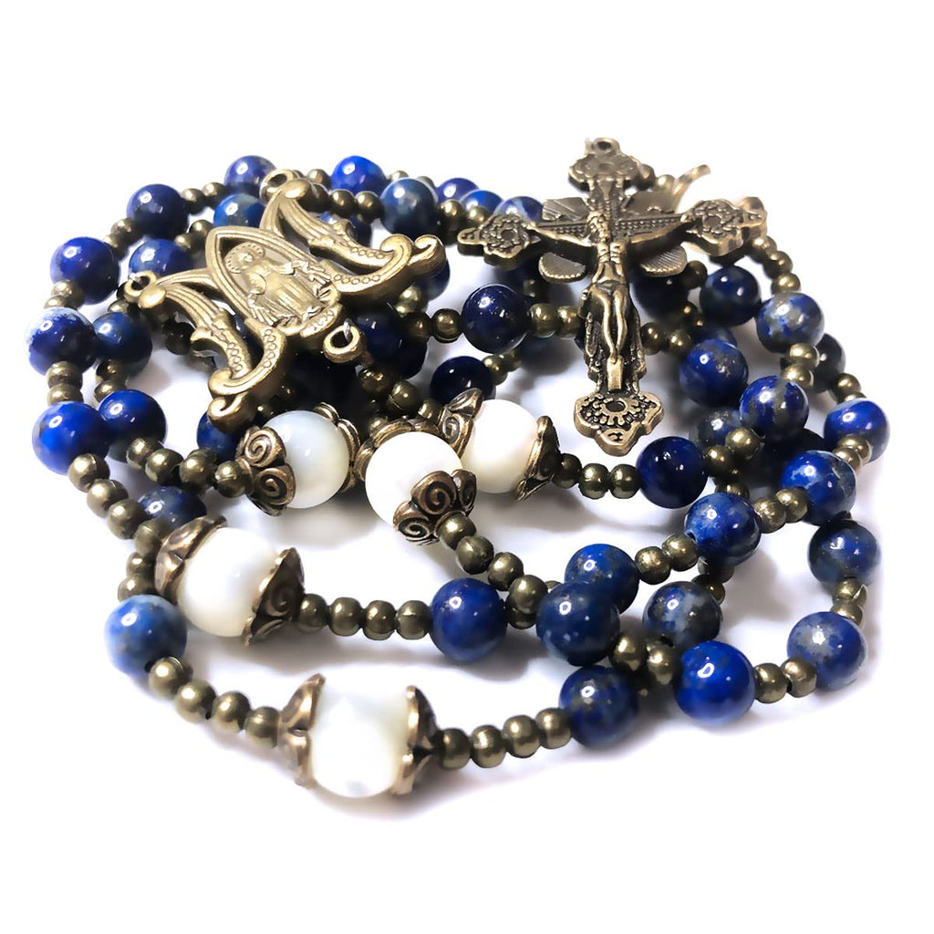Our Lady of Graces Blue Lapis and Mother of Pearl Stone Rosary