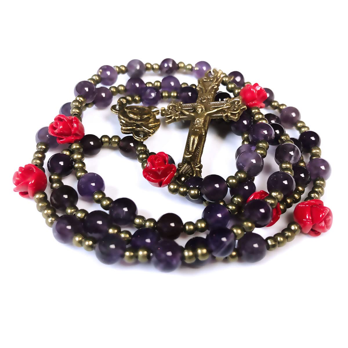 Our Lady of Lourdes Purple Amethyst Stone and Red Rose Rosary
