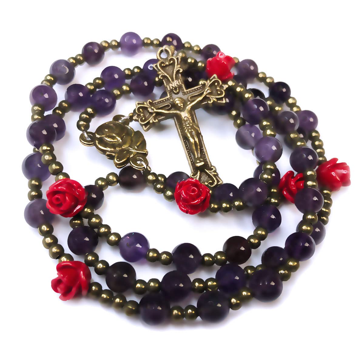 Our Lady of Lourdes Purple Amethyst Stone and Red Rose Rosary