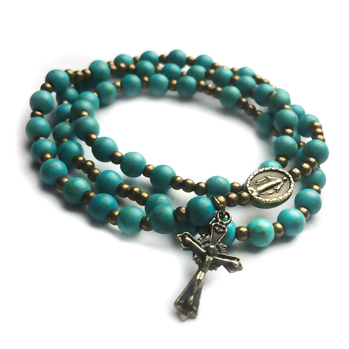 Turquoise Stone Rosary Bracelet with Miraculous Medal Charm