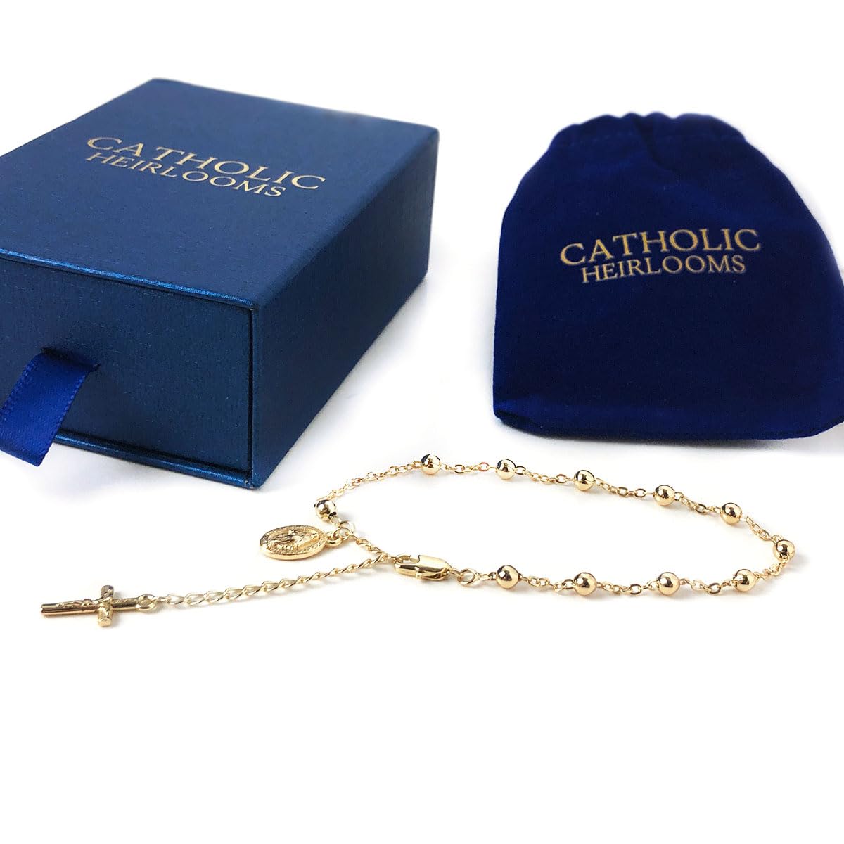 14K Gold Plated Rosary Bracelet with Our Lady of Graces Medal and Crucifix