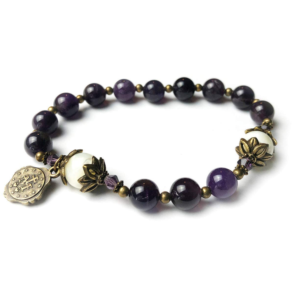 Amethyst and Mother of Pearl Stone Rosary Bracelet with Virgin Mary Medal