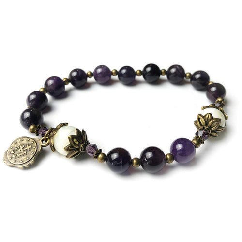 Amethyst and Mother of Pearl Stone Rosary Bracelet with Virgin Mary Medal