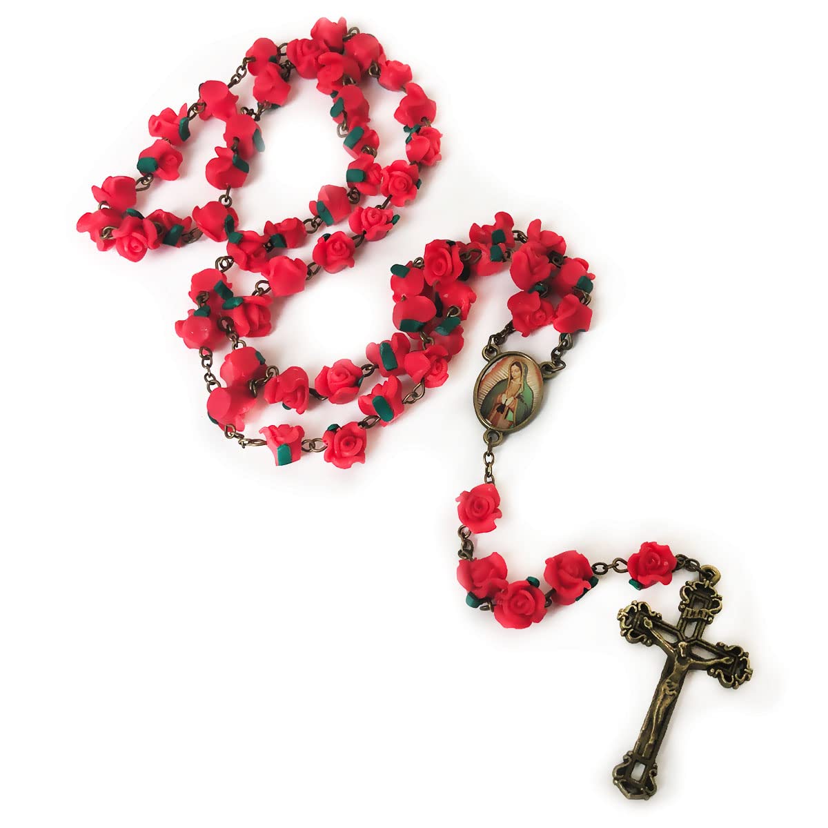 Our Lady of Guadalupe Red Rose Garden Rosary - Antique Bronze Crucifix