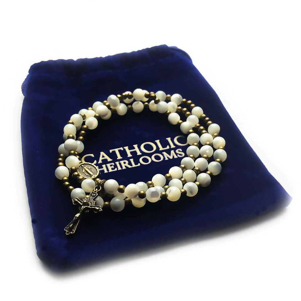 Mother of Pearl Stone Rosary Bracelet with Virgin Mary Our Lady of Graces Medal Charm
