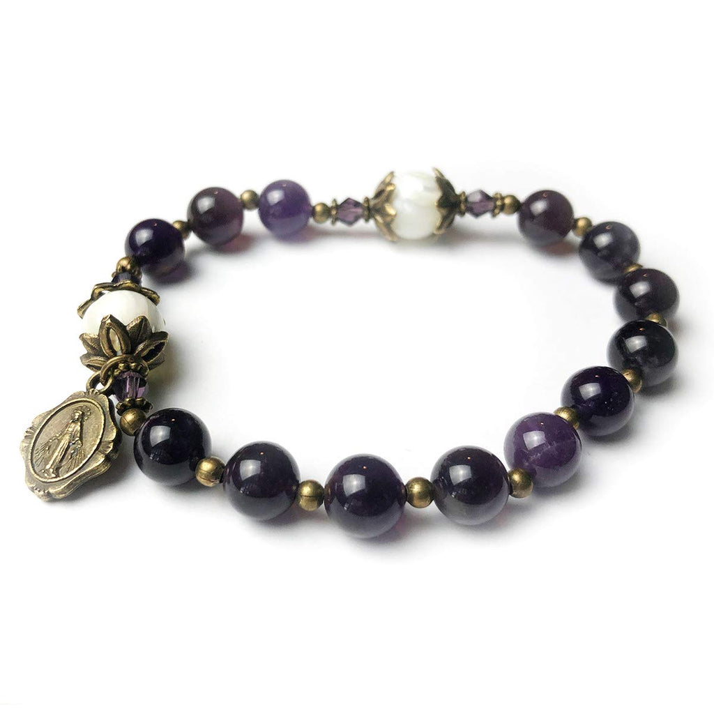 Amethyst and Mother of Pearl Stone Rosary Bracelet with Virgin Mary Medal