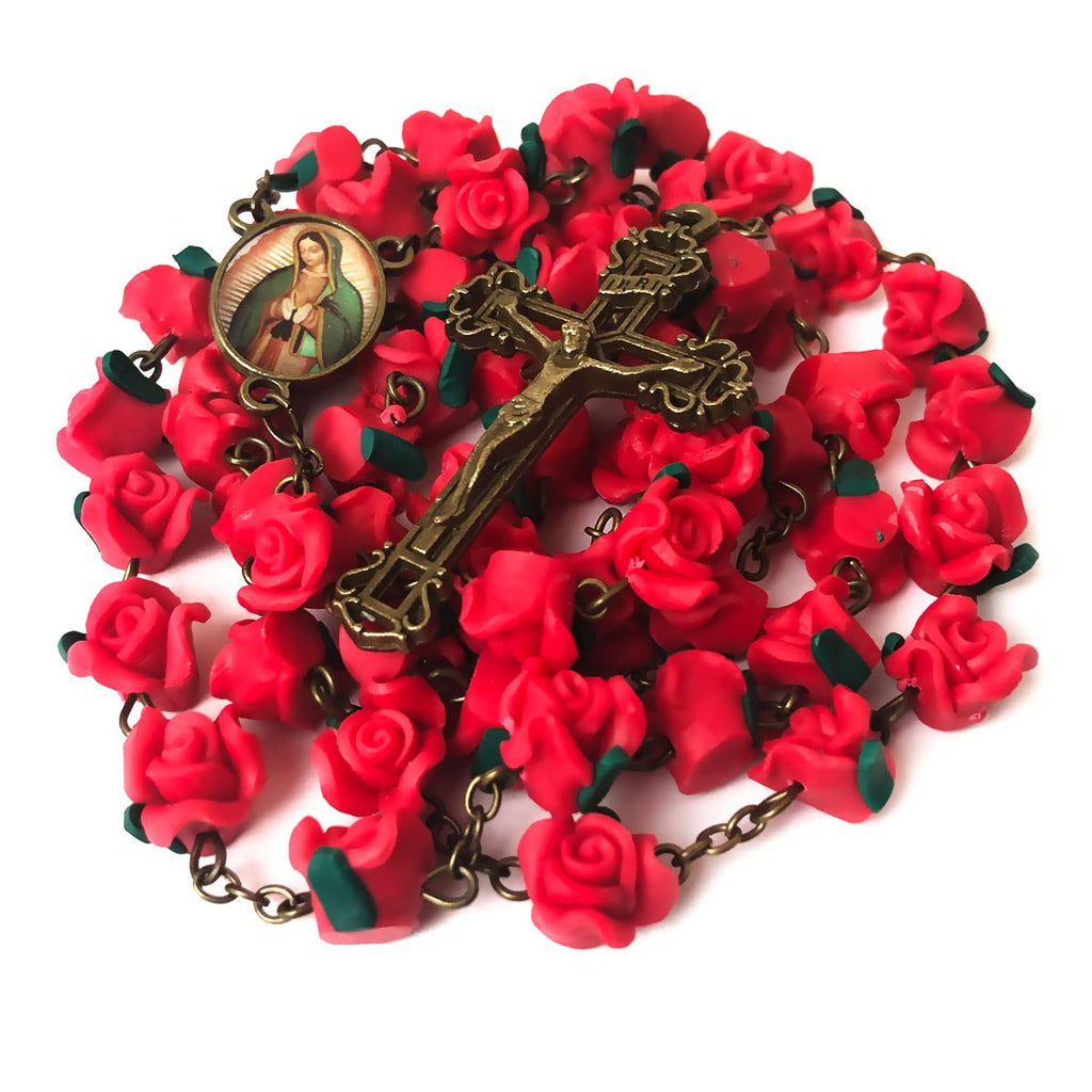 Our Lady of Guadalupe Red Rose Garden Rosary - Antique Bronze Crucifix