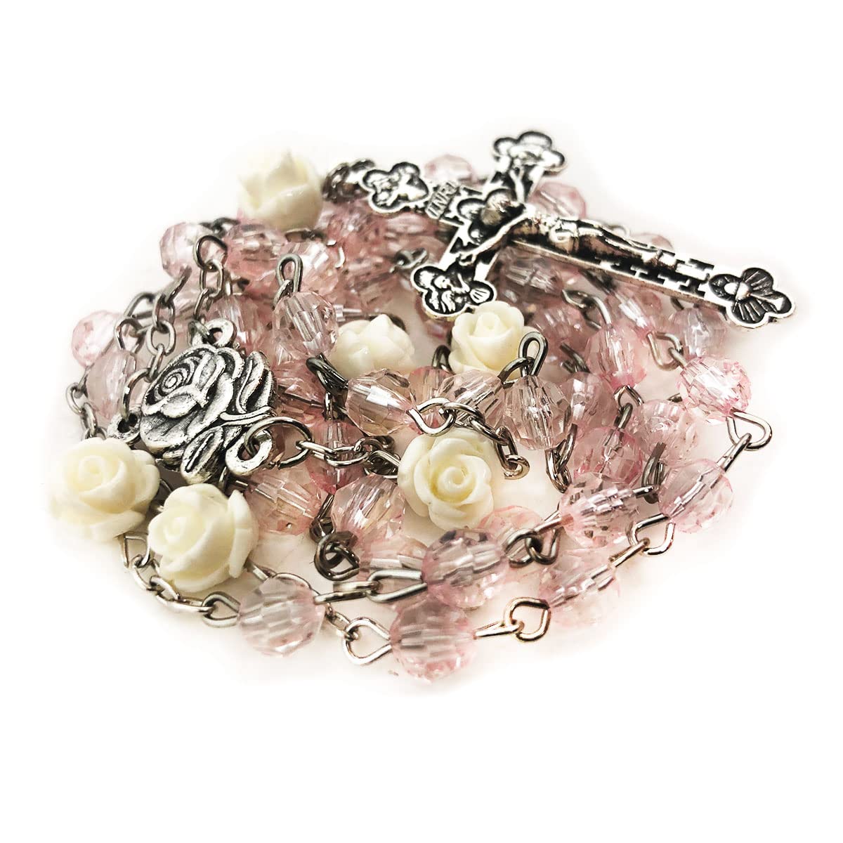 Lourdes Blush Pink Crystal Cut Cream Rose Rosary
