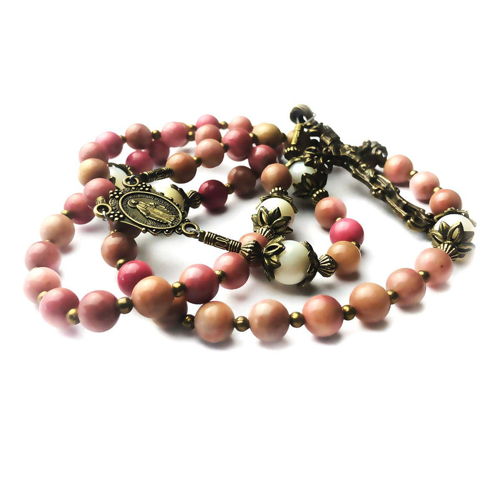 Pink Rhodonite and Mother of Pearl Stone Rosary with Miraculous Medal