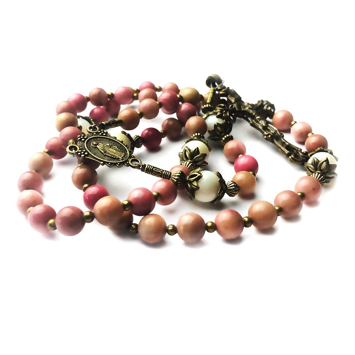 Pink Rhodonite and Mother of Pearl Stone Rosary with Miraculous Medal
