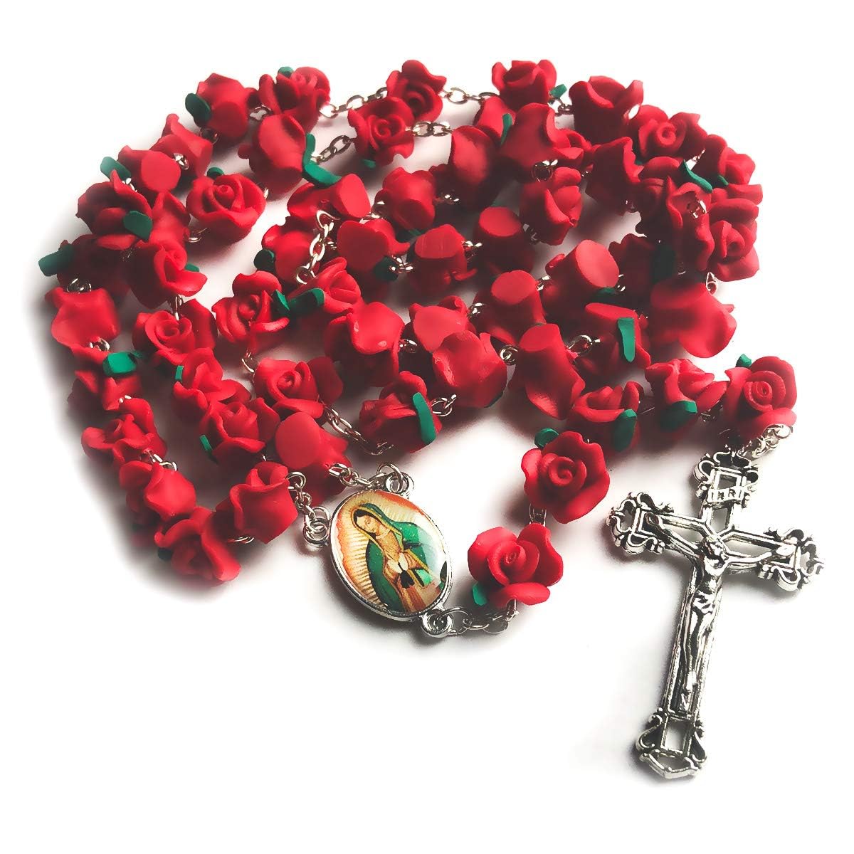 Our Lady of Guadalupe Red Rose Garden Rosary - Antique Silver Crucifix