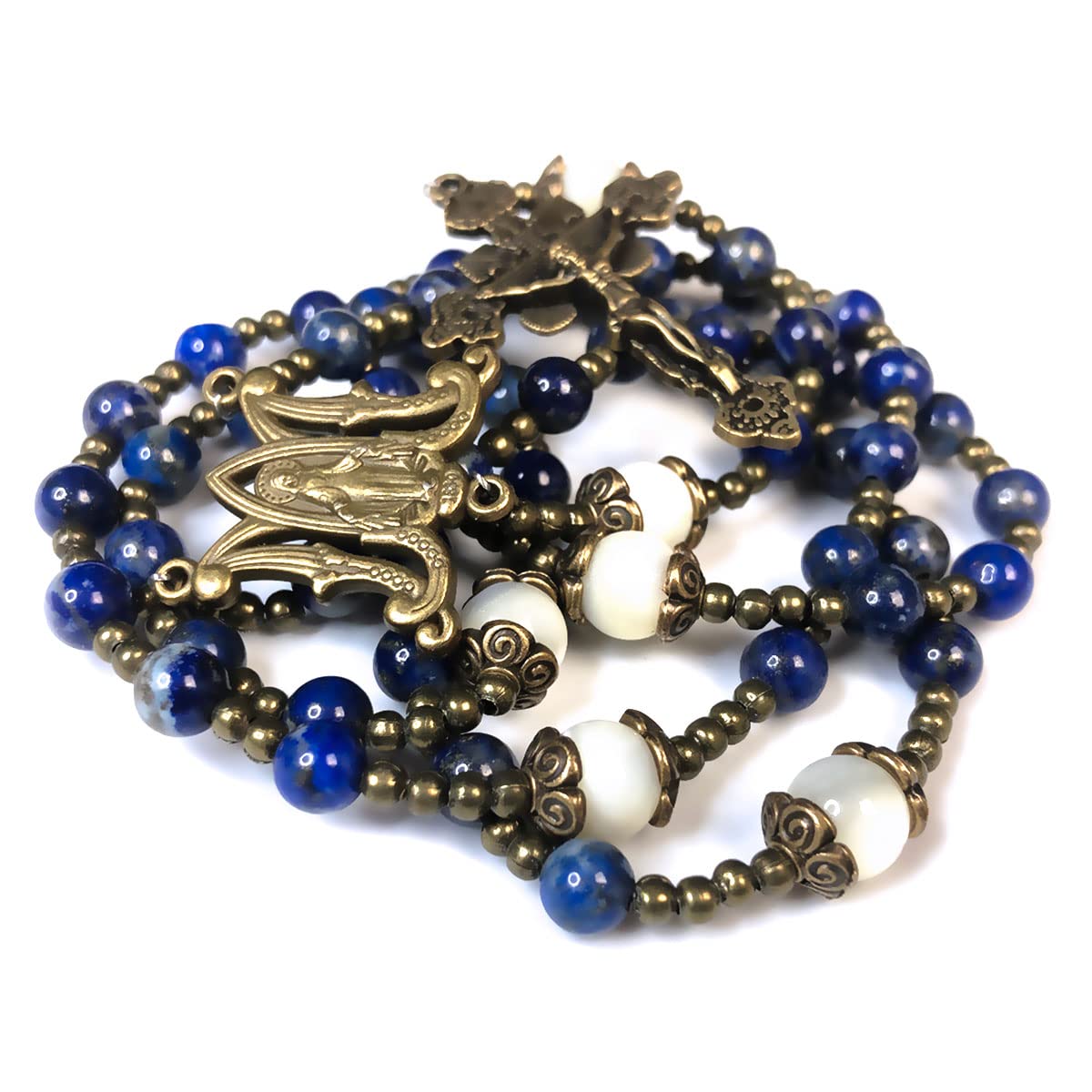 Our Lady of Graces Blue Lapis and Mother of Pearl Stone Rosary