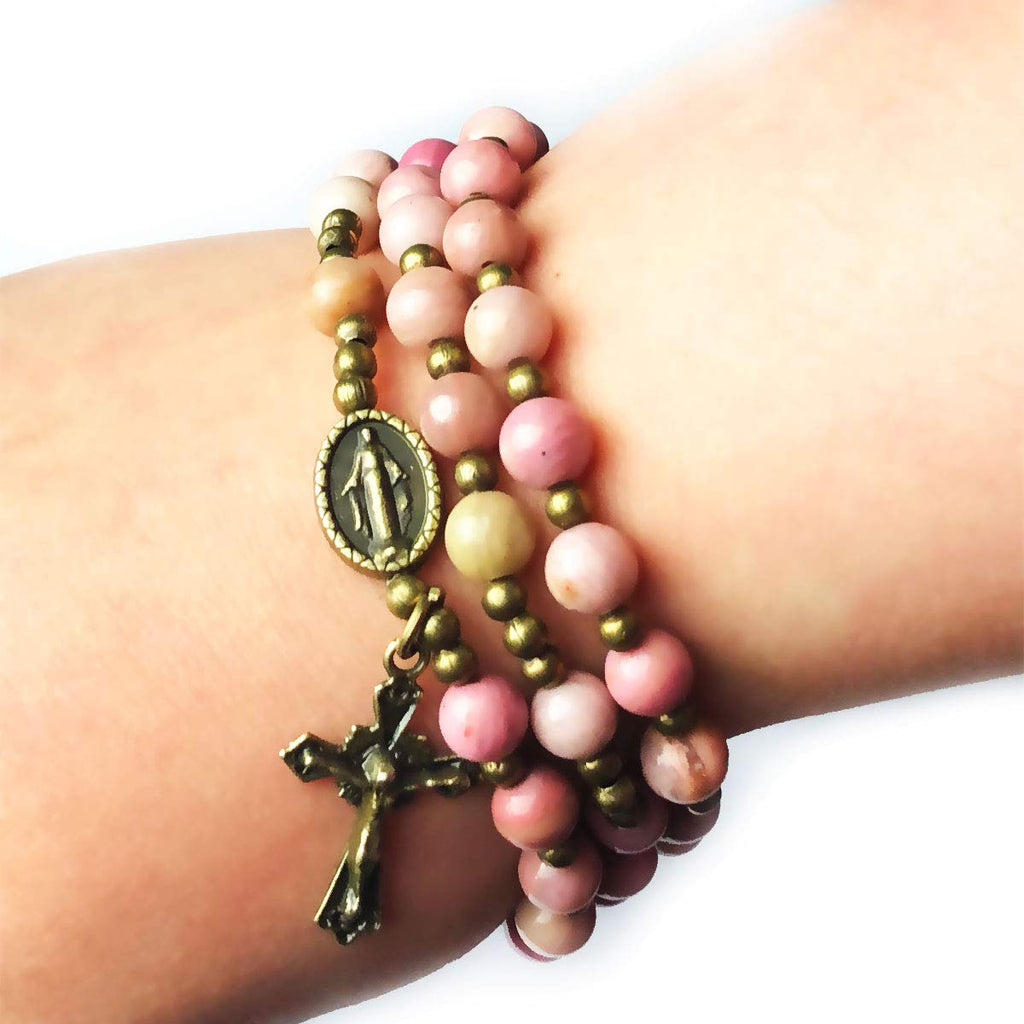 Pink Rhodonite Stone Rosary Bracelet with Our Lady of Graces Medal