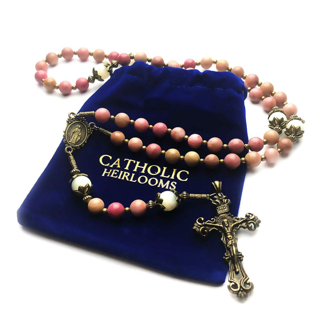 Pink Rhodonite and Mother of Pearl Stone Rosary with Miraculous Medal