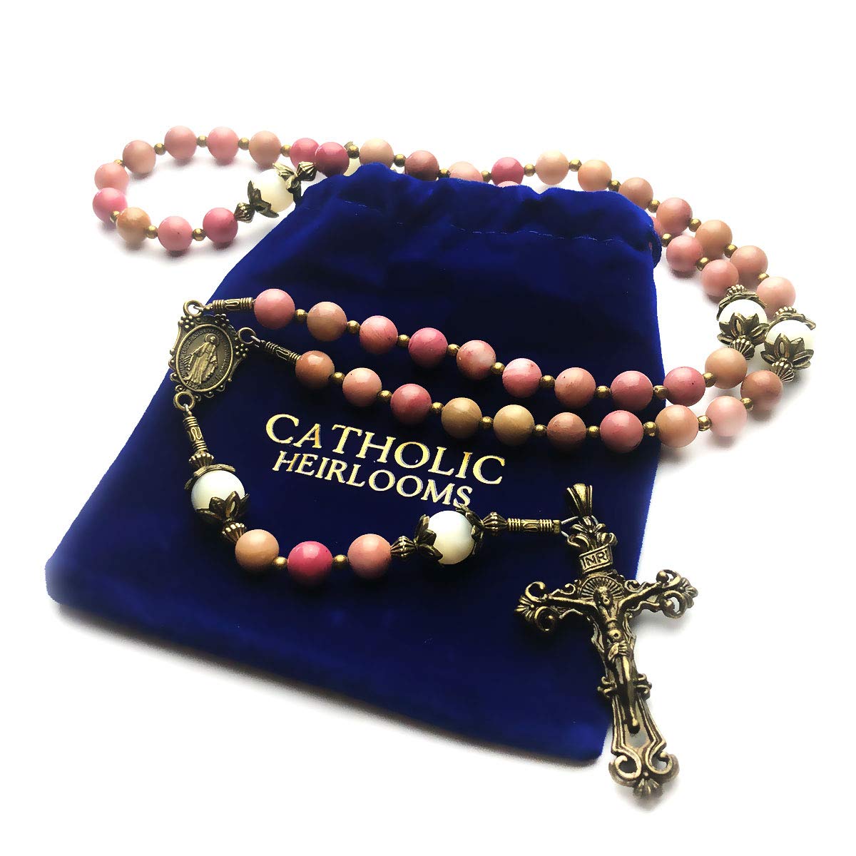 Pink Rhodonite and Mother of Pearl Stone Rosary with Miraculous Medal