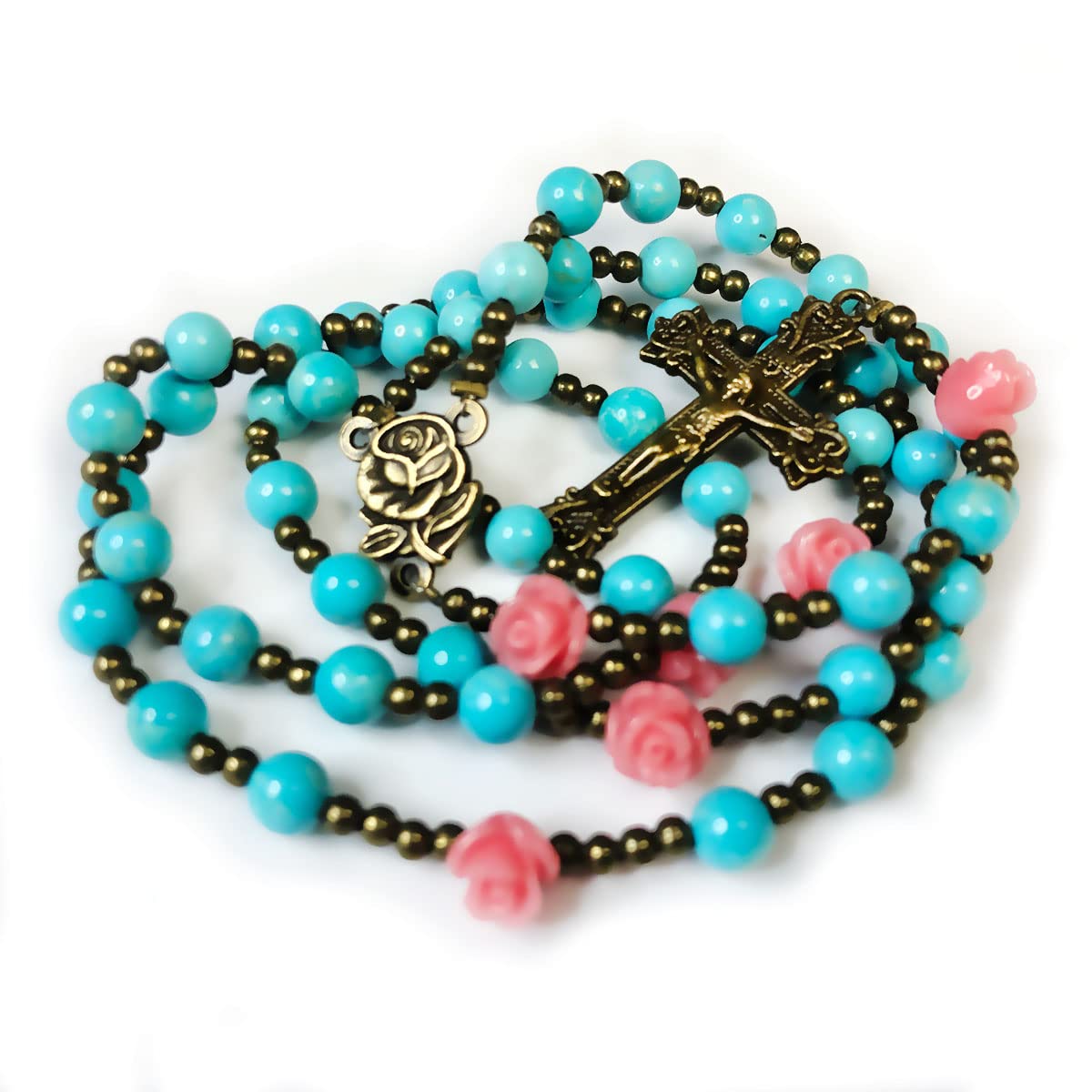 Our Lady of Lourdes Turquoise Stone and Pink Rose Rosary