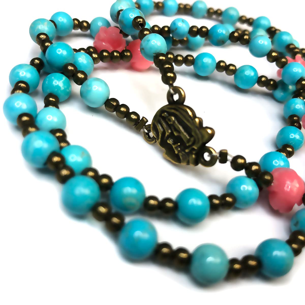Our Lady of Lourdes Turquoise Stone and Pink Rose Rosary