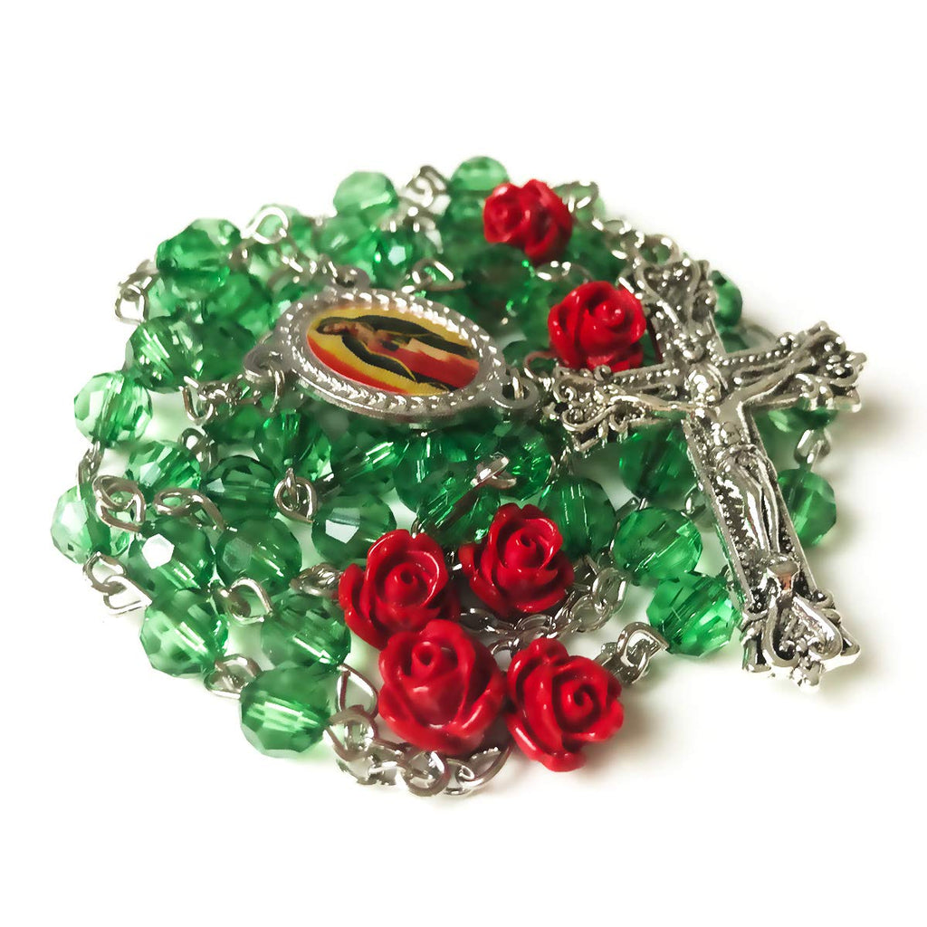 Our Lady of Guadalupe Emerald Green Crystal and Red Rose Rosary