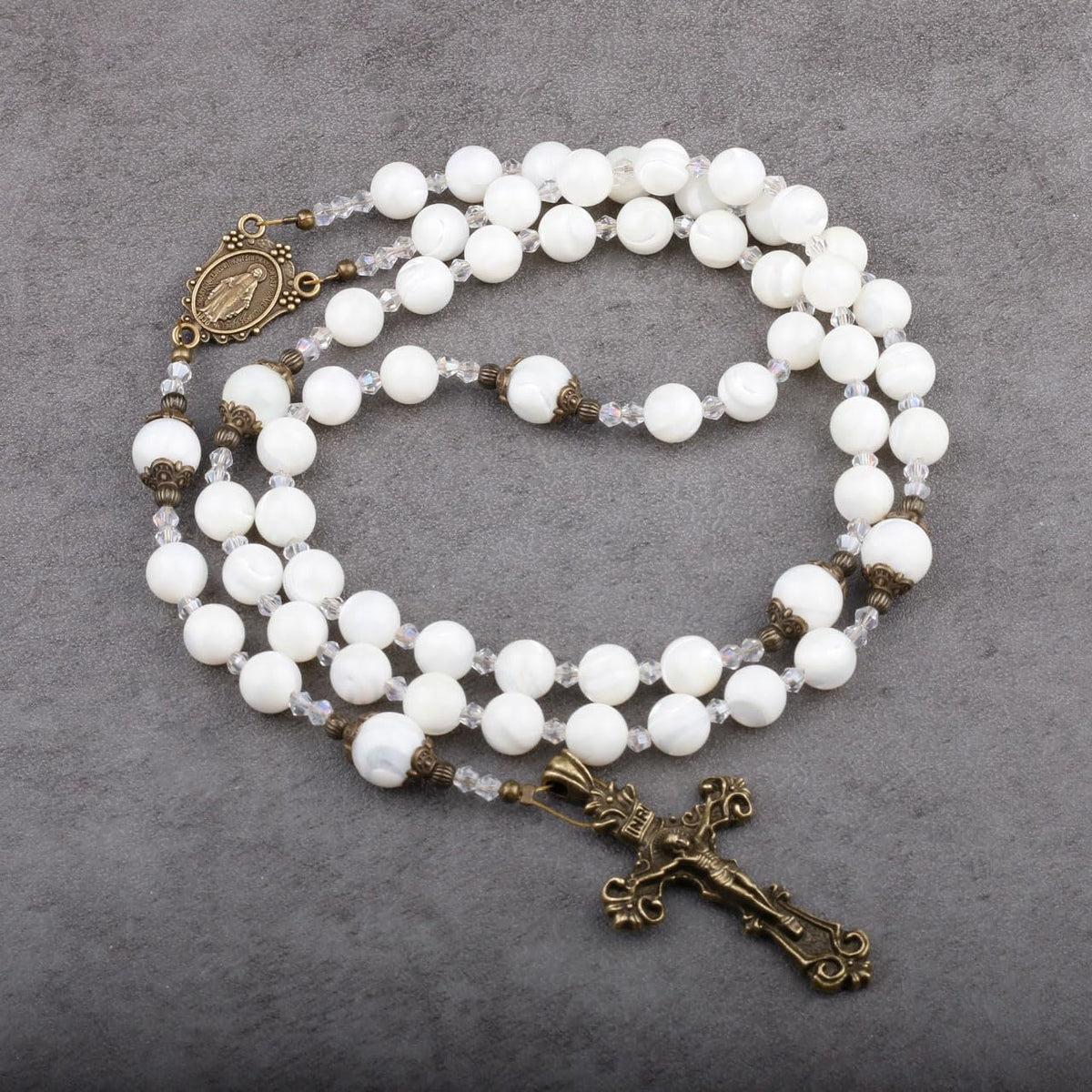 Mother of Pearl 8mm Stone Rosary with Crucifix and Miraculous Medal
