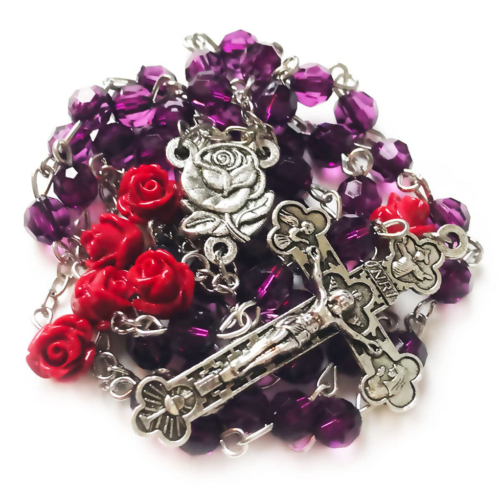 Lourdes Purple Crystal Cut Red Rose Rosary